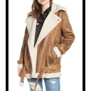 AVEC‎ LES FILLES Coat Large Faux Leather Shearling Moto Jacket Notched Collar